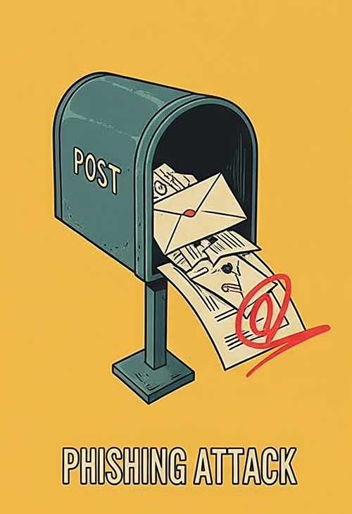 صندوق پستی با نامه حاوی نماد فیشینگ و عنوان "PHISHING ATTACK"