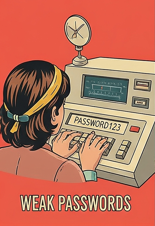 خانمی در حال تایپ رمز عبور ضعیف "PASSWORD123" روی کامپیوتر قدیمی